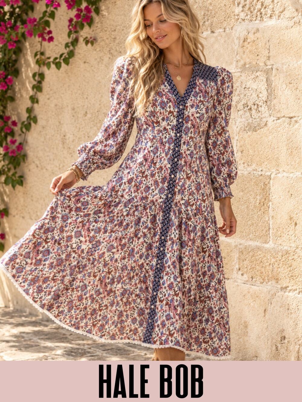 Hale Bob maxi dress floral linen midi belted embroidered trim Small